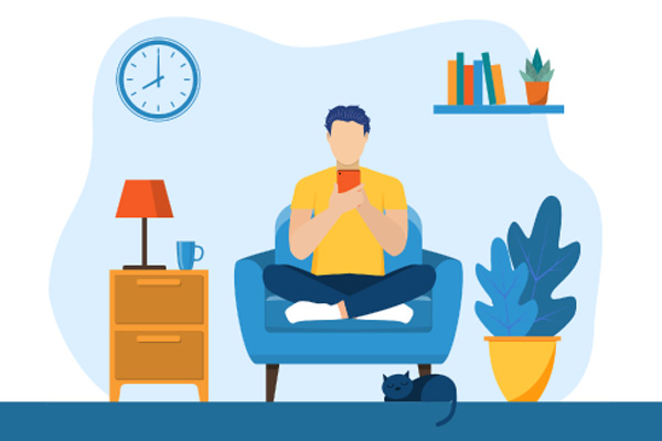 Illustration of a man sat on the sofa using a mobile phone