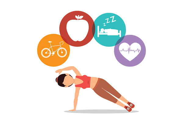 Illustration of a woman in a side plank with icons over her head denoting exercise and eating well